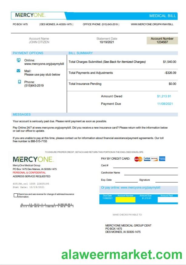 USA Iowa MercyOne medical bill template in Word and PDF format